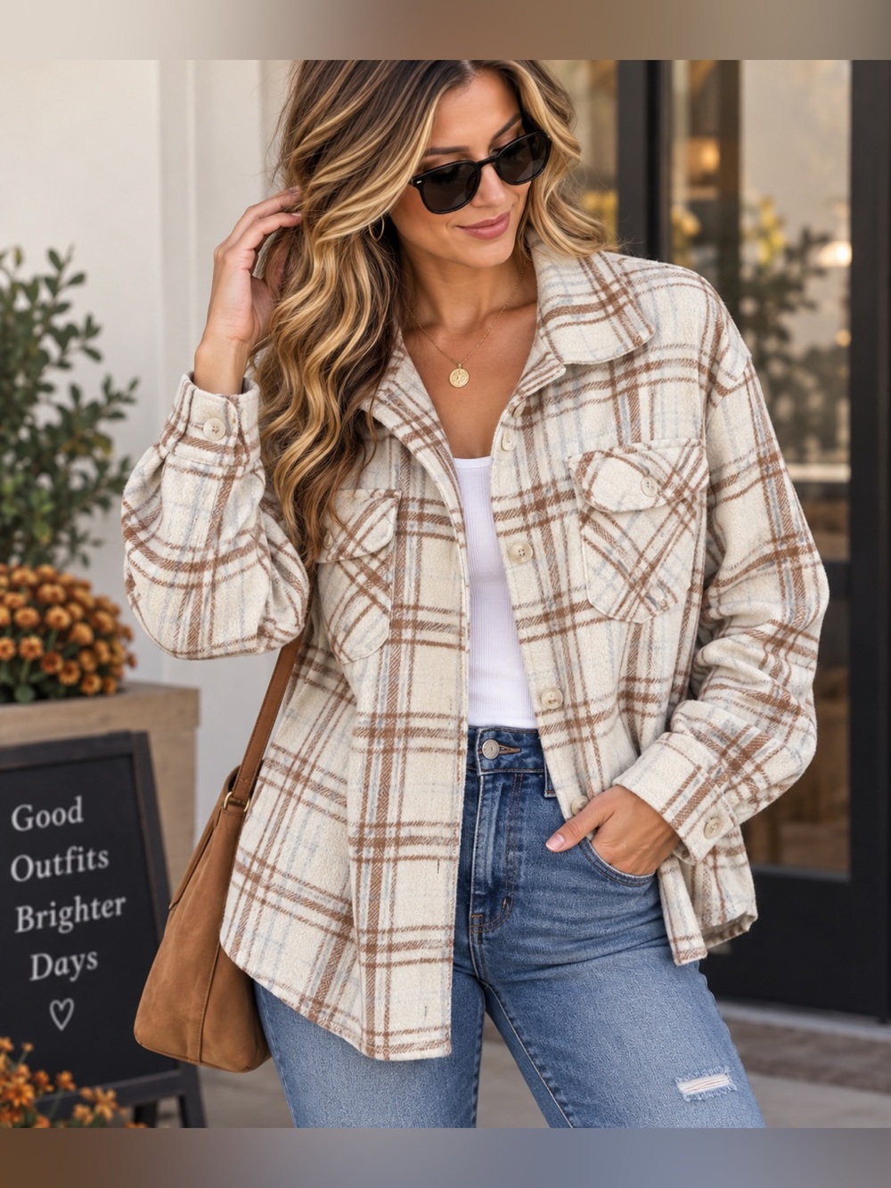 Le Lis Plaid Shacket Size L Cream Brown Oversized Button Front Jacket